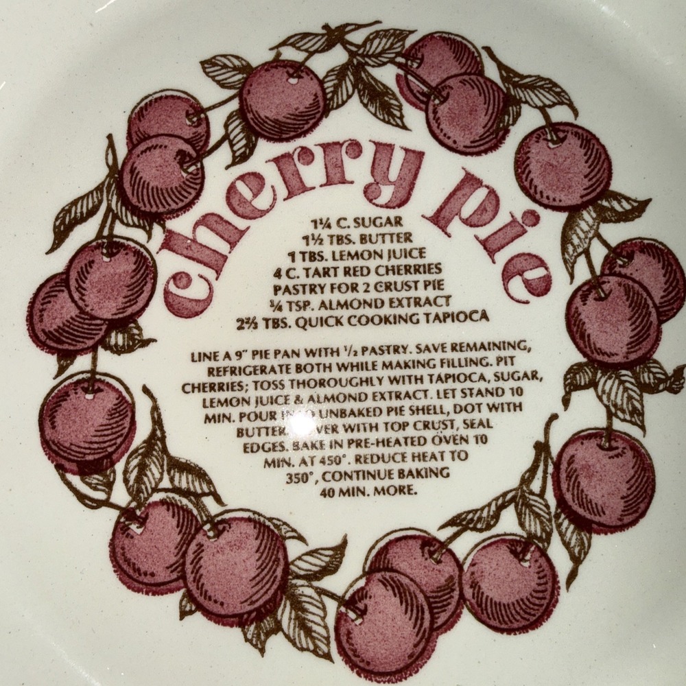 Vintage Royal China by Jeannette Cherry Pie Deep Dish Pie Plate with Recipe 11"